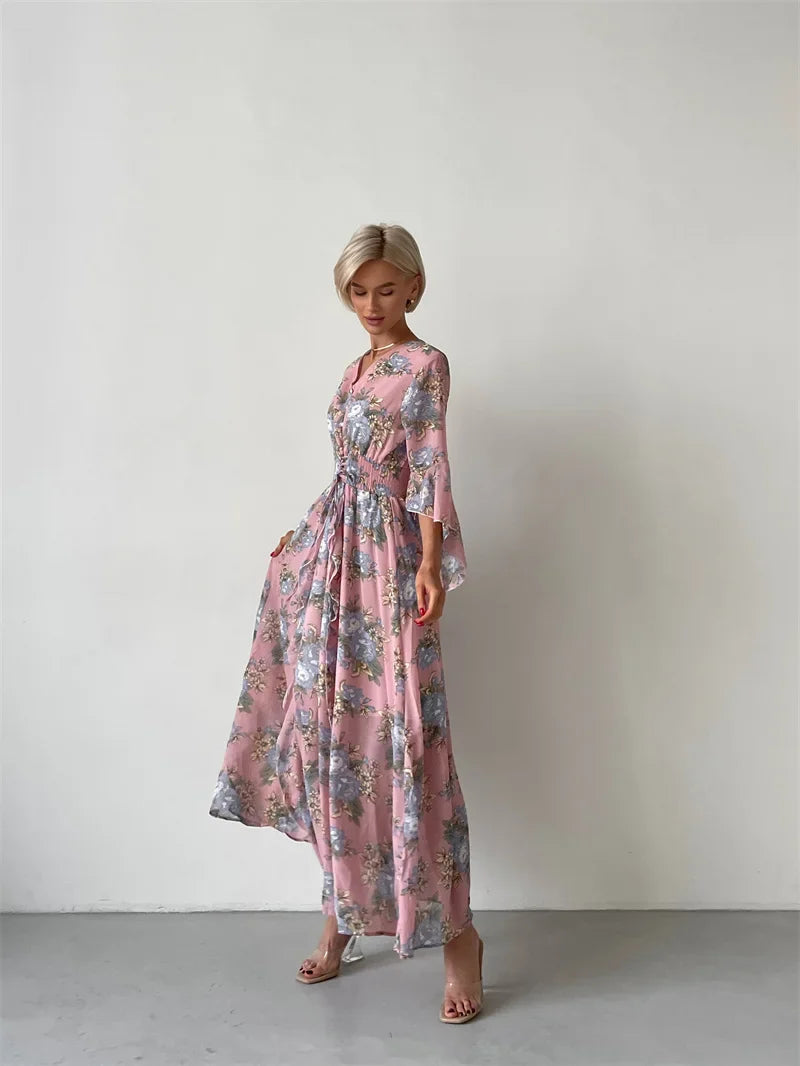 Elegant Bodycon Chiffon Maxi Dress Women Bandage Sexy Side Slit Beach Dress White Pink Floral Summer Long Dresses For Women 2024