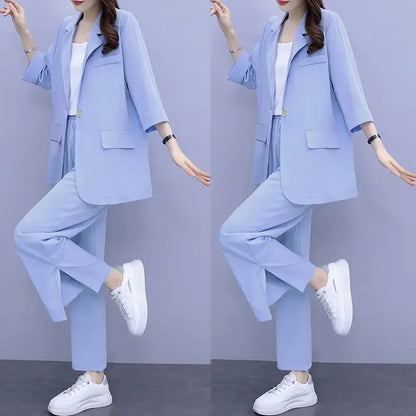 2026 Women Spring New Casual Blazers Jacket Trousers Matching Set Korean Elegant Loose Suit Coat Pants Two Piece Female Clothing