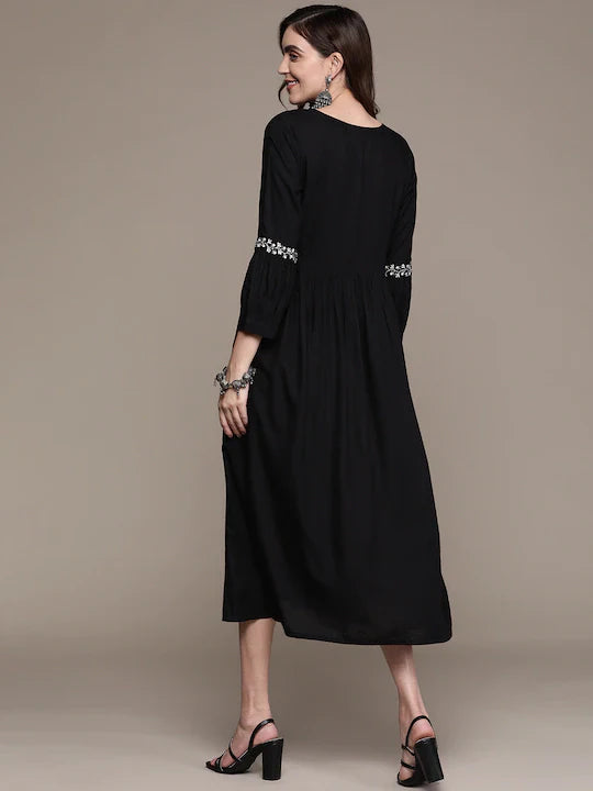 Black Ethnic Motifs Embroidered Ethnic A-Line Midi Dress