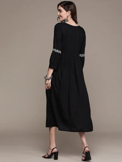 Black Ethnic Motifs Embroidered Ethnic A-Line Midi Dress