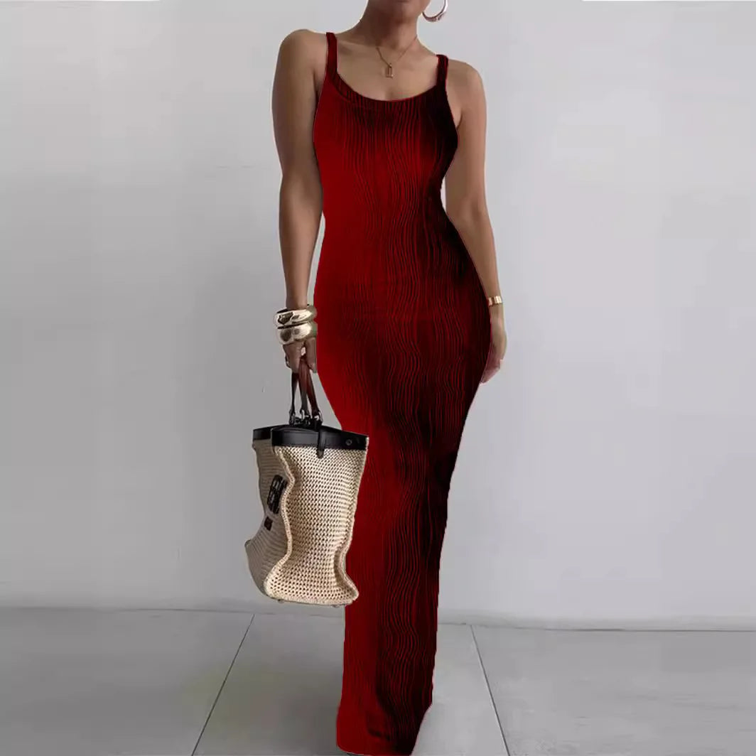 CM.YAYA Summer Women Sleeveless Strap O-neck Sexy 2024 Summer Long Evening Dress Knit Ribbon Night Club Party Maxi Dresses