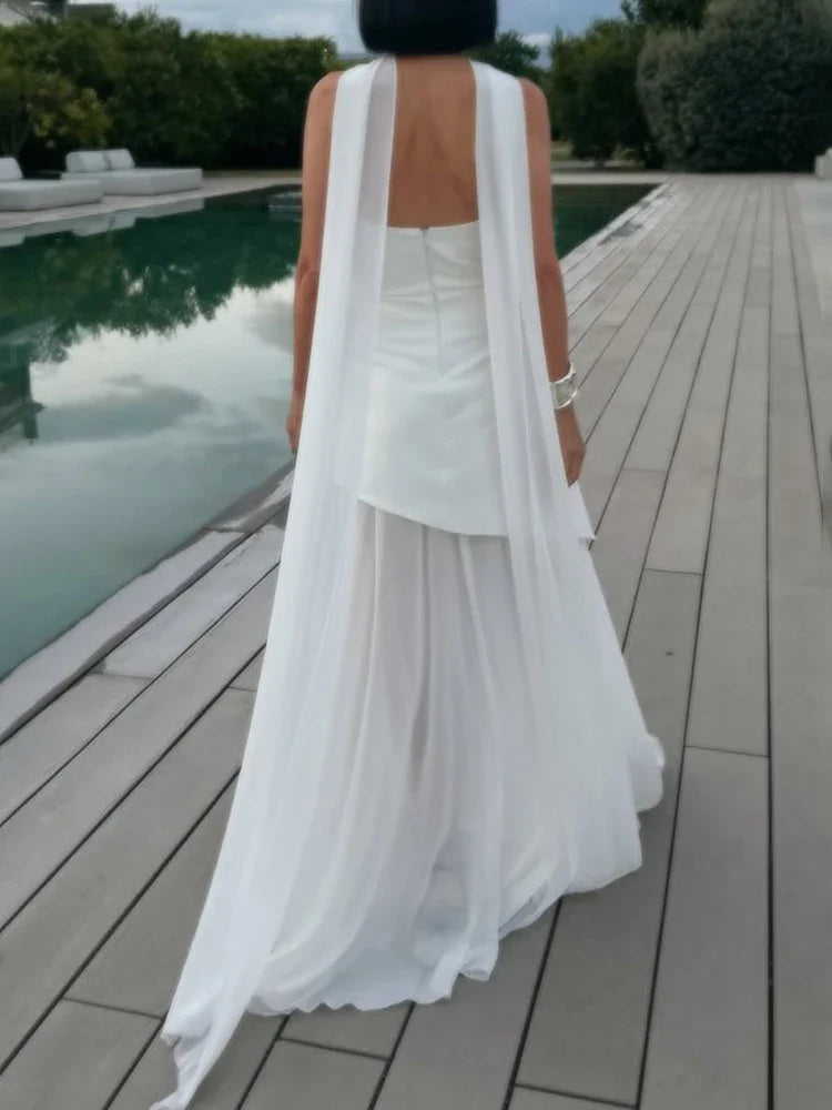 TARUXY Fashion Strapless Dress With Ribbon Female Elegant Sleeveless Mesh Beach Vacation Long Dress 2025 Spring New Women Dress