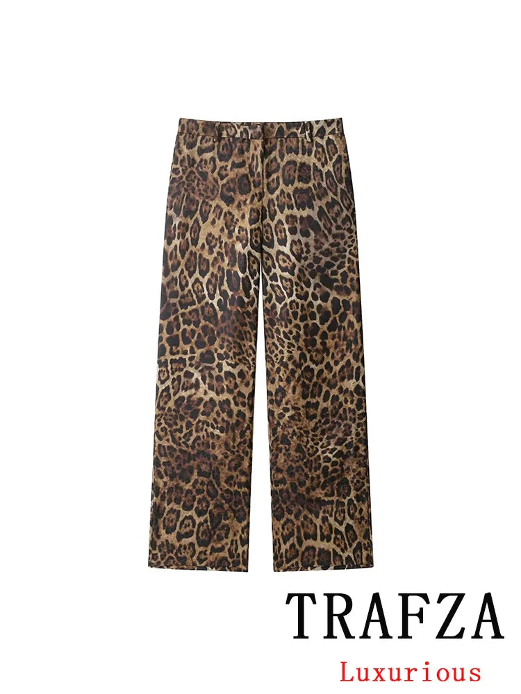 KONDALA Vintage Leopard Print Women Suits V Neck Sashes Long Sleeve Oversized Blazer+Wide Leg Pants Fashion 2025 Autumn Suits