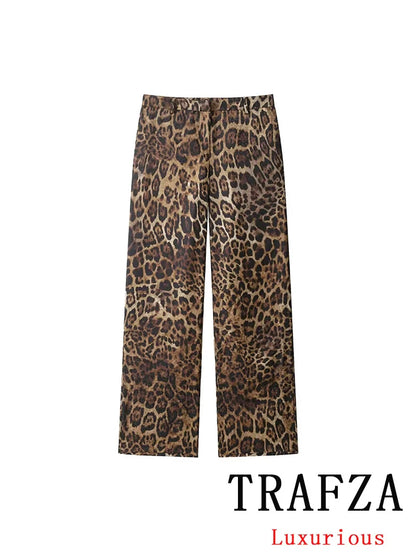 KONDALA Vintage Leopard Print Women Suits V Neck Sashes Long Sleeve Oversized Blazer+Wide Leg Pants Fashion 2025 Autumn Suits