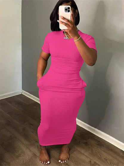 Plus Size 2024 Summer New Round Neck Short Sleeve Slim Hottie  Ladies' Stylish Summer Solid Versatile Bodycon Dress