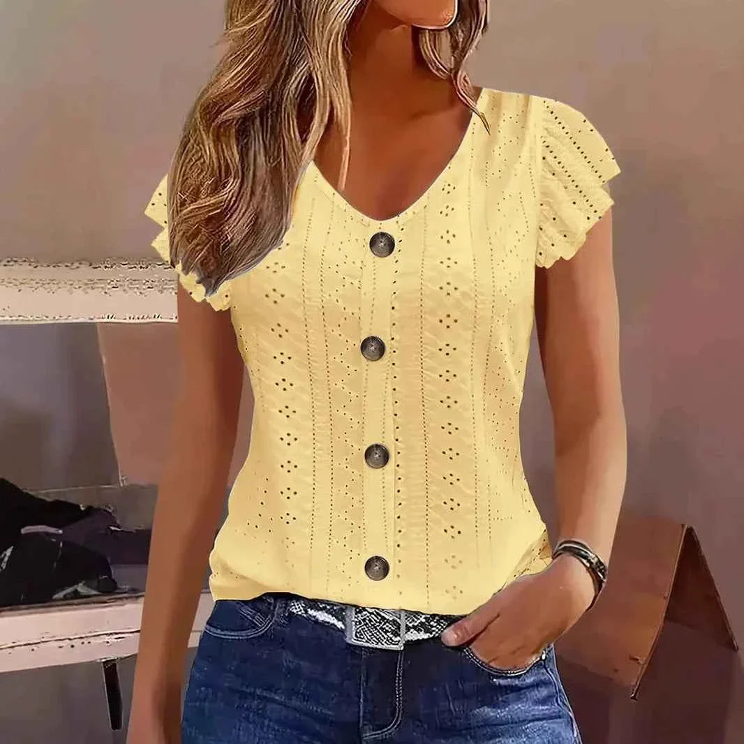 Women's Ruffle Sleeve V-Neck T-Shirt – Casual Commute Blouse
