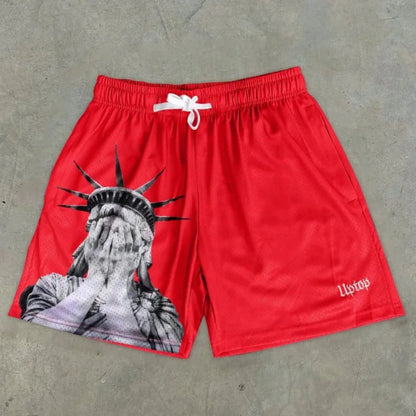 European and American men's summer Statue of Liberty print comfortable breathable drawstring shorts outdoor casual shorts