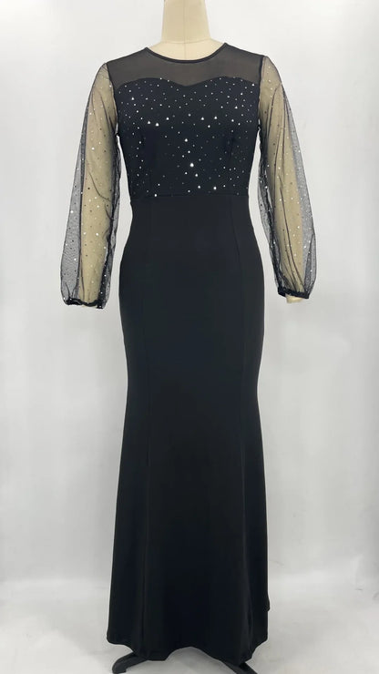 Mesh Patchwork Dress Womens Fashion Round Neck Long Sleeve Slim Elegant Dress Women
