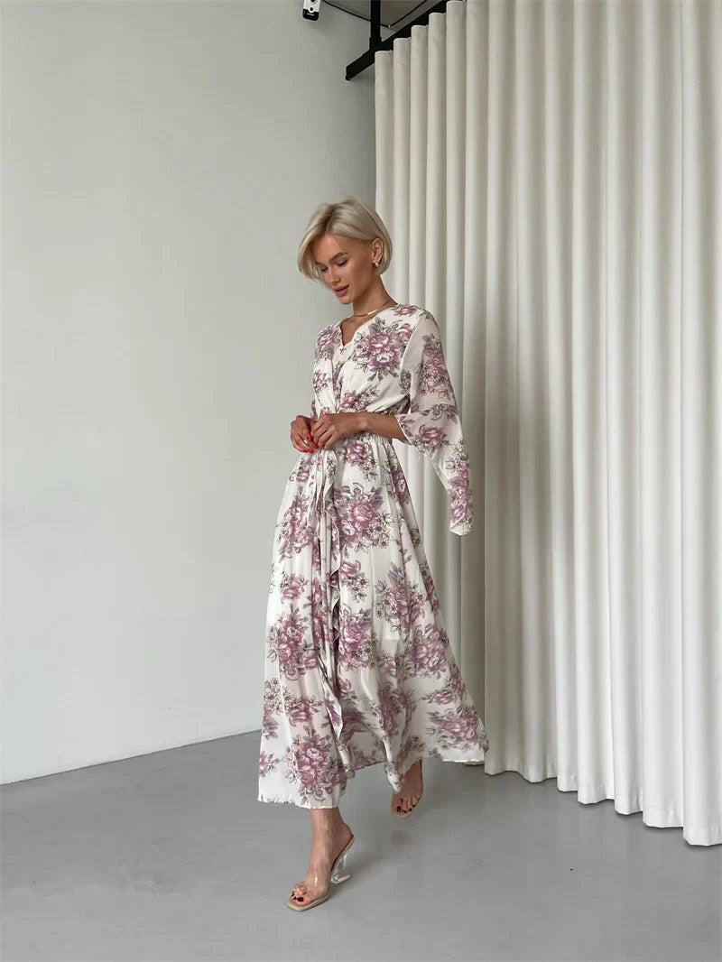 Elegant Bodycon Chiffon Maxi Dress Women Bandage Sexy Side Slit Beach Dress White Pink Floral Summer Long Dresses For Women 2024