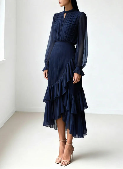 Elegant Ruffle Long Sleeve Dress for Women Chic Spring Summer Layered A Line Dress Lady Pleated Verstidos Prom Party Gowns
