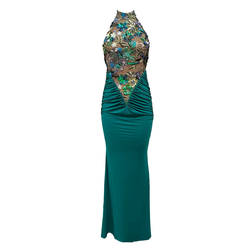 Sexy Red Floral High-Neck Bodycon Dress with Pleated Detailing – Halter Sleeveless Evening Gown | Stylish Party Wear