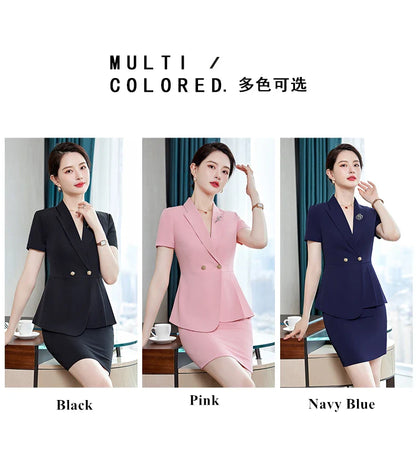 NAVIU Fashion Pink Short Sleeve Professional Suit Women New Summer Elegant Formal Slim Blazer And Pants Office Ladies Work Wear