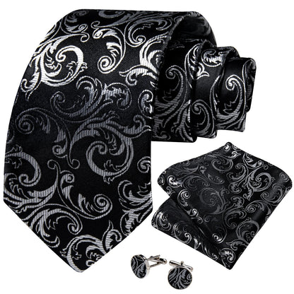 Men's Black Ties Handkerchief Cufflinks Business Formal Floral Striped Solid 8cm Necktie Gift for Husband Wedding Accessories