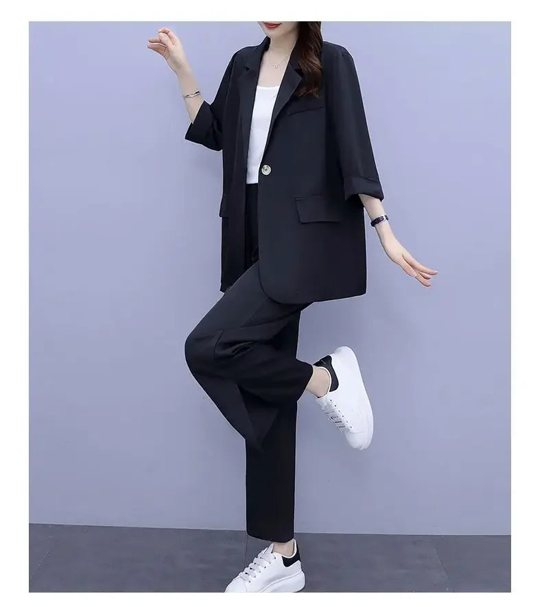 2026 Women Spring New Casual Blazers Jacket Trousers Matching Set Korean Elegant Loose Suit Coat Pants Two Piece Female Clothing