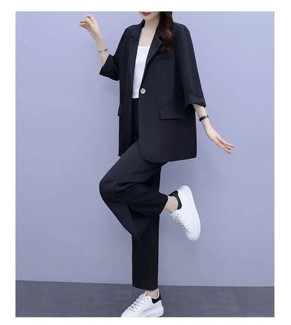 2026 Women Spring New Casual Blazers Jacket Trousers Matching Set Korean Elegant Loose Suit Coat Pants Two Piece Female Clothing