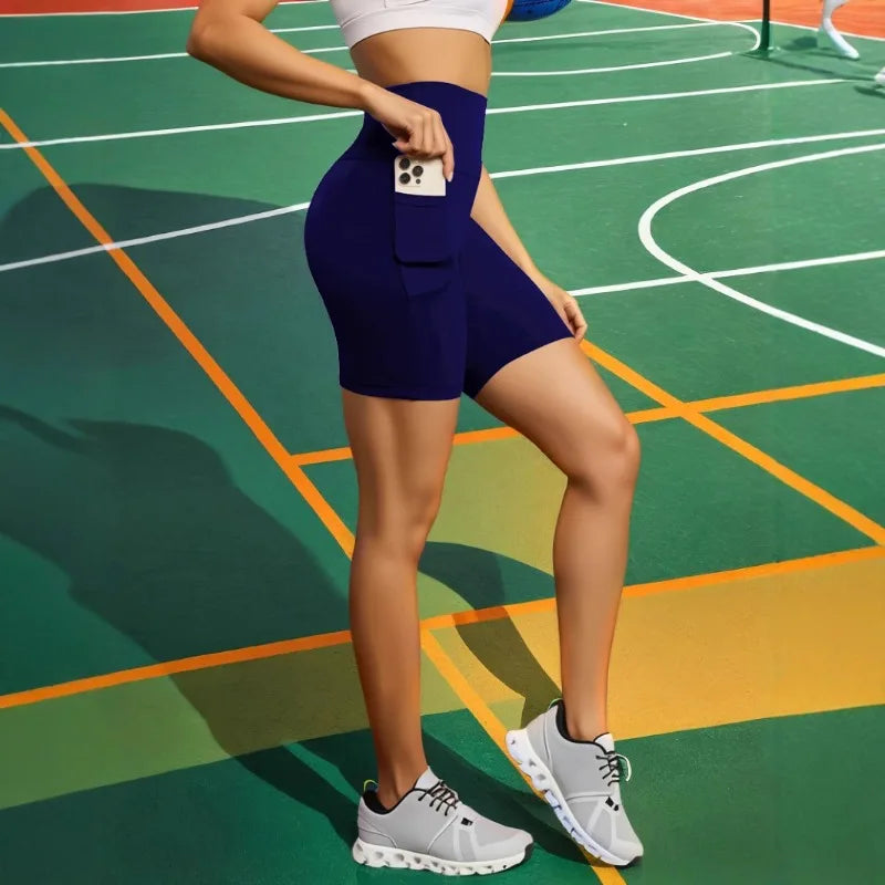 Women Pocket Sports Shorts Big Size Yoga Leggings Outdoor Wearing High Elastic Skinny Shorts Running Cycling Three Point Shorts