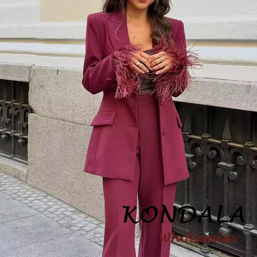 KONDALA 2025 Office Lady Fashion Slim Suits Single Breasted Feather Trim Blazer+Zipper Pockets Long Pants Fashion Female Suit