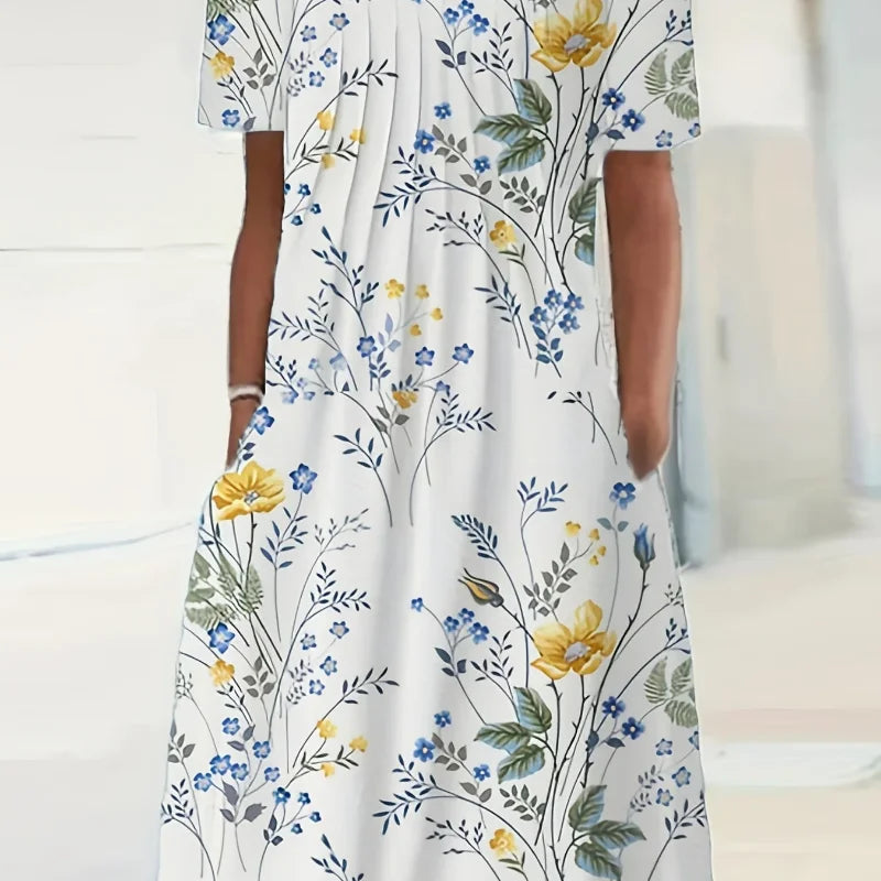 2024 New Spring And Summer Women's Elegant Large Skirt Round Neck Printed Short-sleeved Dress