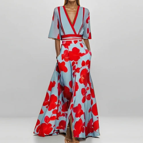 Spring Summer Women Fashion V Neck Belted Party Long Dress Sexy Printing  Boho Maxi Dresses Short Sleeve Pocket Femlae Holiday