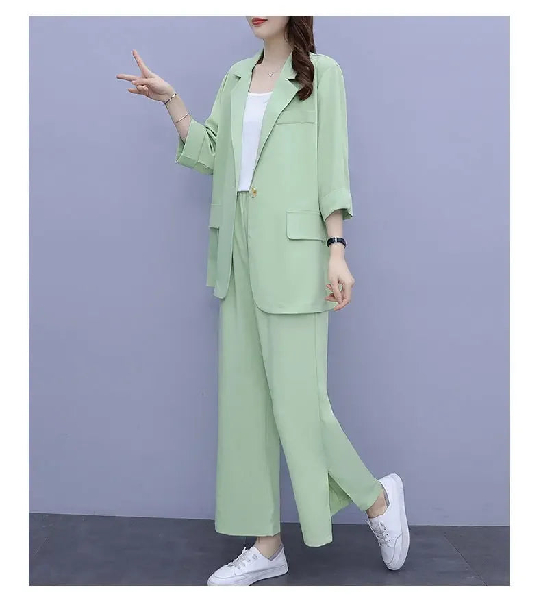 2026 Women Spring New Casual Blazers Jacket Trousers Matching Set Korean Elegant Loose Suit Coat Pants Two Piece Female Clothing