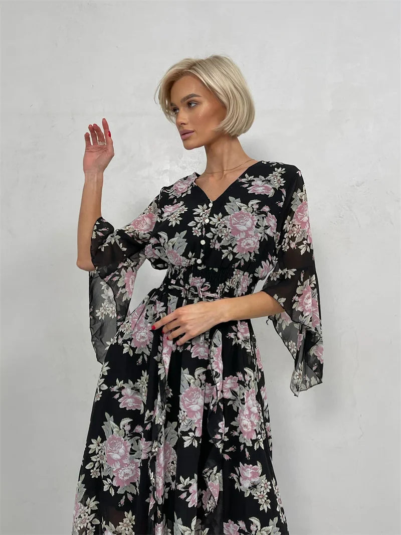 Elegant Bodycon Chiffon Maxi Dress Women Bandage Sexy Side Slit Beach Dress White Pink Floral Summer Long Dresses For Women 2024