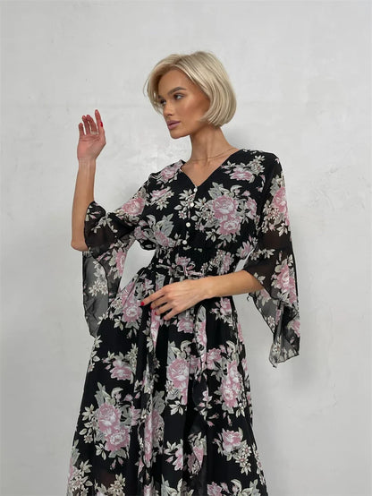 Elegant Bodycon Chiffon Maxi Dress Women Bandage Sexy Side Slit Beach Dress White Pink Floral Summer Long Dresses For Women 2024