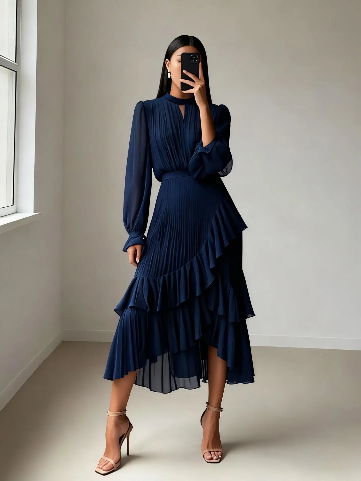 Elegant Ruffle Long Sleeve Dress for Women Chic Spring Summer Layered A Line Dress Lady Pleated Verstidos Prom Party Gowns