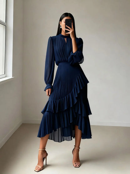 Elegant Ruffle Long Sleeve Dress for Women Chic Spring Summer Layered A Line Dress Lady Pleated Verstidos Prom Party Gowns