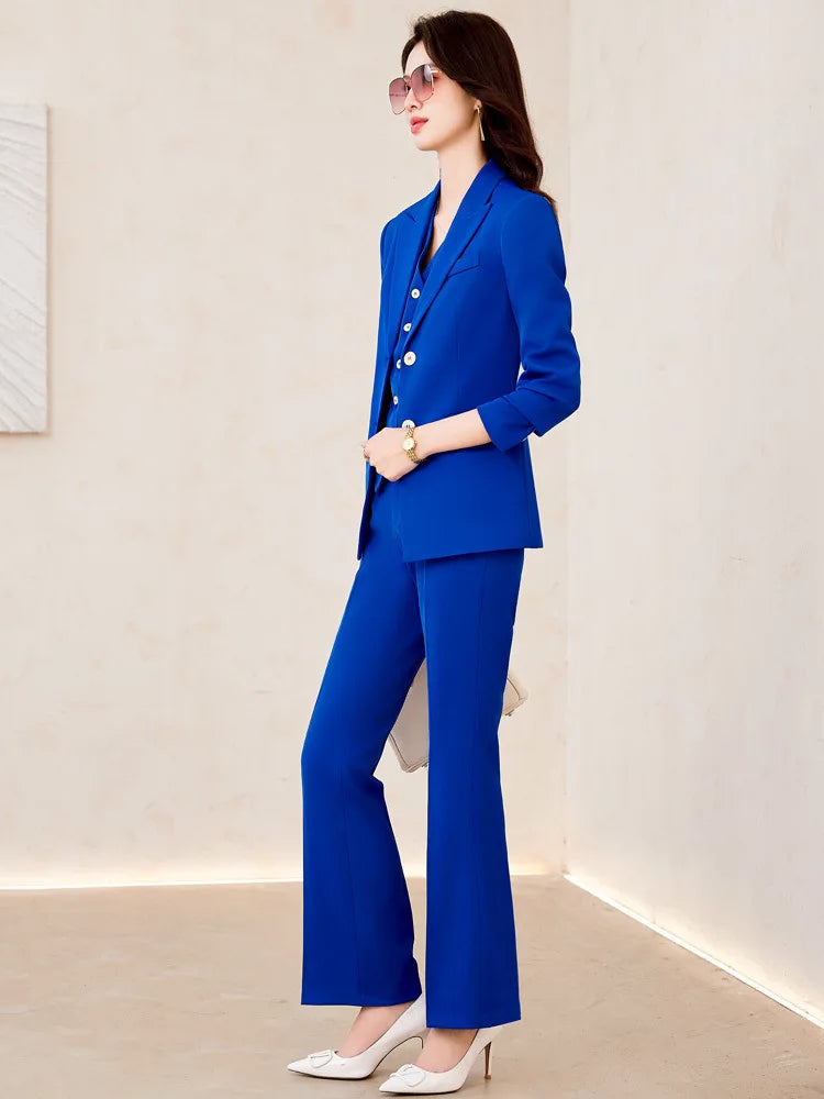 Elegant Women's Office Suit Jacket Pants Vest 3 Piece Blue Notch Lapel Jacket Autumn Women's Pants Sets ropa de mujer