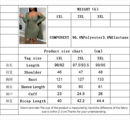 Plus Size Ribbed Elegant Two Piece Set Dress Women Solid Mini Dress Female Casual Long Coat 2024 Autumn Large Size Matching Set