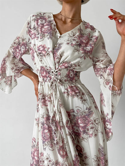 Elegant Bodycon Chiffon Maxi Dress Women Bandage Sexy Side Slit Beach Dress White Pink Floral Summer Long Dresses For Women 2024