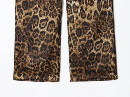 HH Women Autumn 2-Piece Set Chic Leopard Print Turn-Down Collar Pockets Belt Design Blazers+High Waist Zipper Wide-Leg Pants