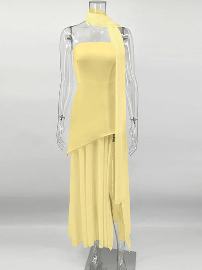 TARUXY Fashion Strapless Dress With Ribbon Female Elegant Sleeveless Mesh Beach Vacation Long Dress 2025 Spring New Women Dress