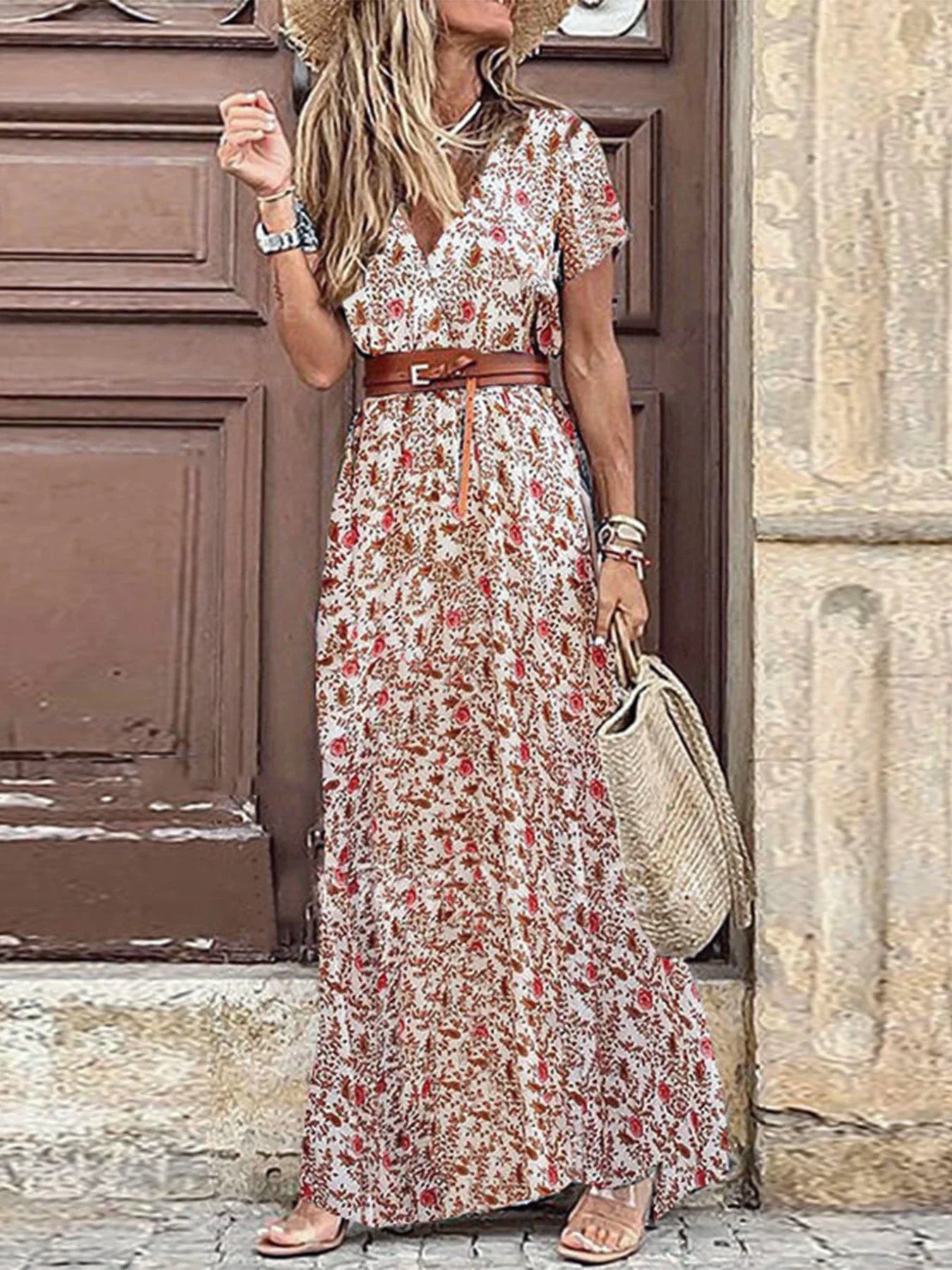 Elegant Floral Pleated H shaped Midi Dress Female V Neck Puff Sleeve Waist Ruched Button Dresses Women Summer Dress Robe