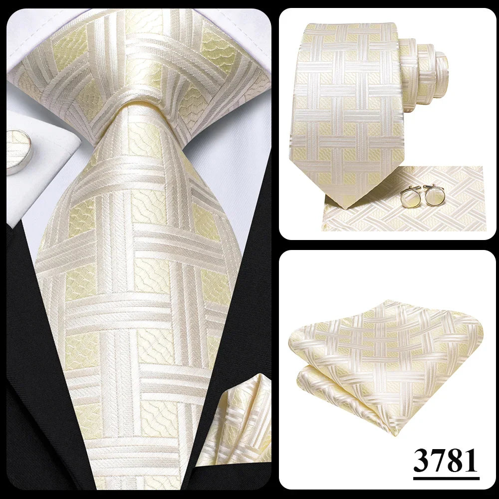 Hi-Tie Champagne Gold-color Silk Mens Elegant Ties Fashion Mens Necktie Pocket Square Cufflinks Set Business Party Wedding
