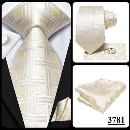 Hi-Tie Champagne Gold-color Silk Mens Elegant Ties Fashion Mens Necktie Pocket Square Cufflinks Set Business Party Wedding