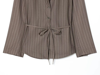 Office Lady Chic Brown Suits V Neck Striped Loose Blazer High Waist Wide Leg Pants Fashion Casual Women Suits Костюм Офисный