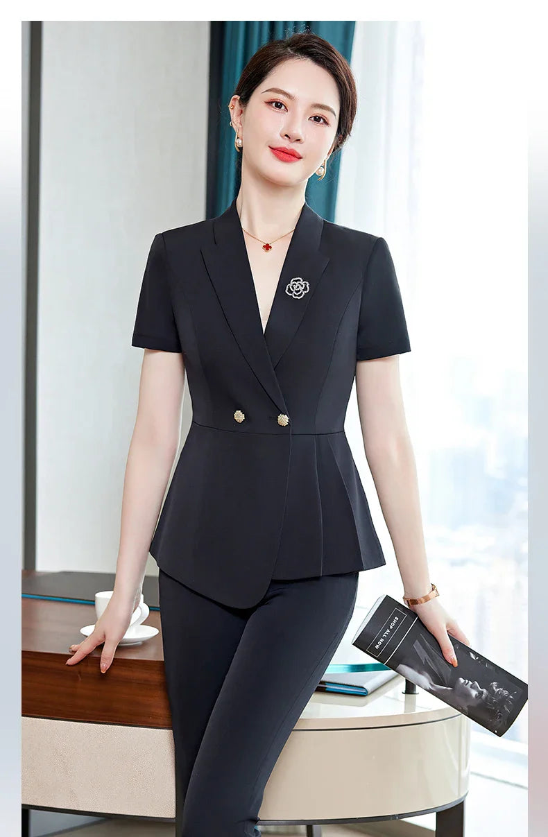 NAVIU Fashion Pink Short Sleeve Professional Suit Women New Summer Elegant Formal Slim Blazer And Pants Office Ladies Work Wear