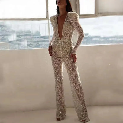 Sexy V-neck Long Sleeve Women's Clothing Fashionable Trousers Jumpsuit Spraying Design Spring/summer 2021