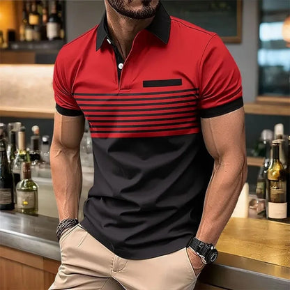 European and American men's summer fashion striped print comfortable breathable polo shirt outdoor urban casual top