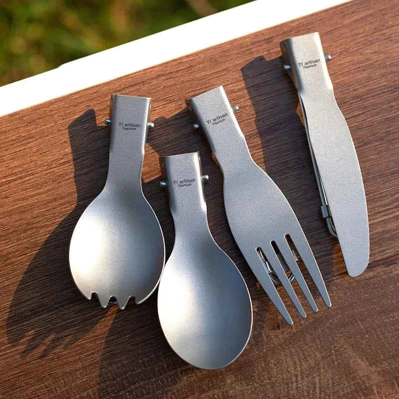 Tiartisan Titanium Foldable Cutlery Set - Portable Fork Spoon Knife for Outdoor Camping Hiking