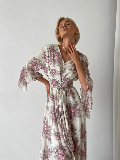 Elegant Bodycon Chiffon Maxi Dress Women Bandage Sexy Side Slit Beach Dress White Pink Floral Summer Long Dresses For Women 2024