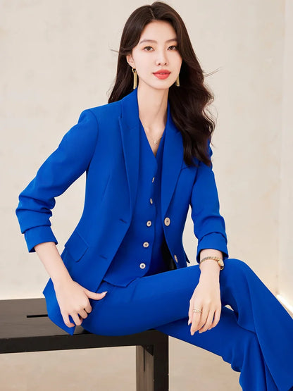 Elegant Women's Office Suit Jacket Pants Vest 3 Piece Blue Notch Lapel Jacket Autumn Women's Pants Sets ropa de mujer