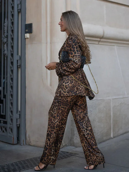 HH Women Autumn 2-Piece Set Chic Leopard Print Turn-Down Collar Pockets Belt Design Blazers+High Waist Zipper Wide-Leg Pants