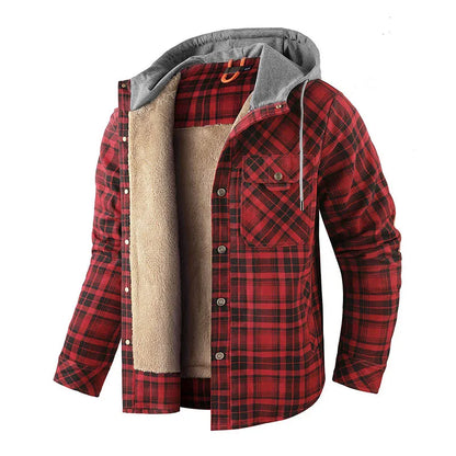 Winter Men Plaid Fleece Shirts Coats Mens Hooded Casual Shirts Man Sport Outdoor Loose Shirt Jacket Men Button Down Hoodie Shirt