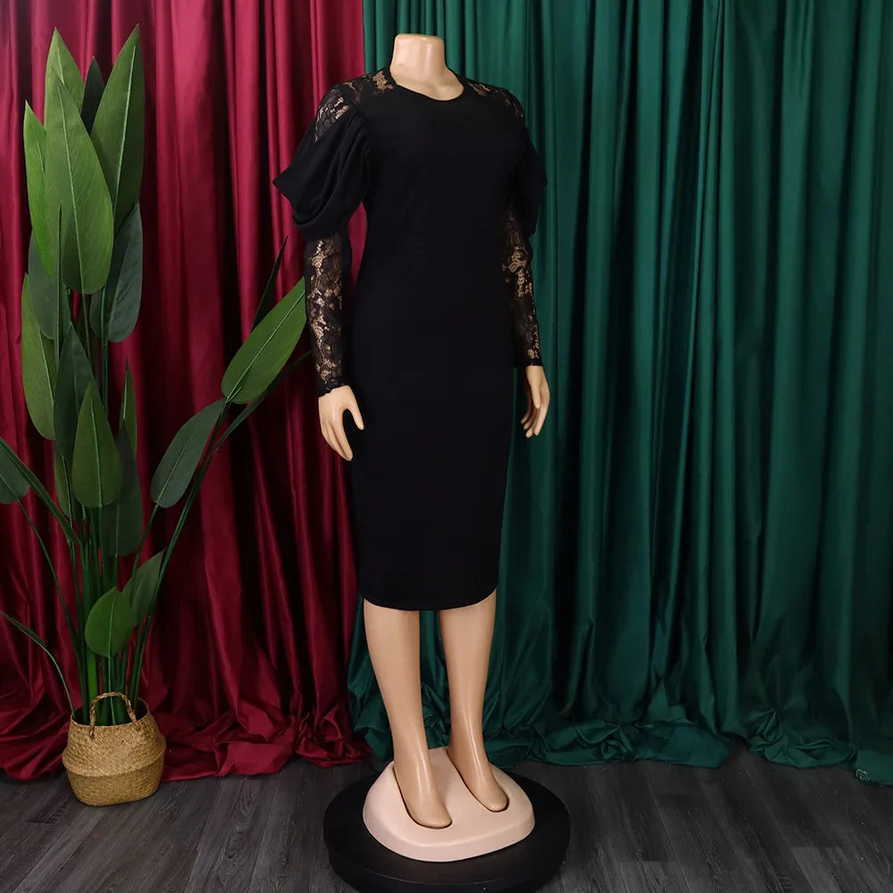 Sexy Bodycon Dresses for Women O Neck Lace Sleeve Sheath Package Hips Mid Calf Female Luxury Birthday Party Dinner Vestidos