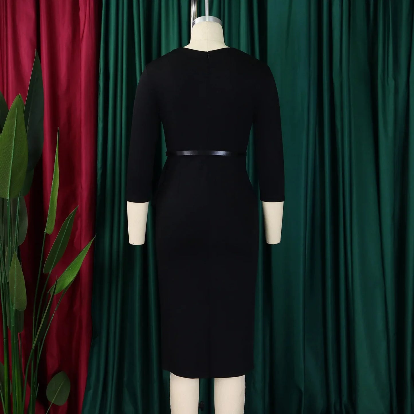 L-3XL Plus Size Elegant Midi Dress 2025 Spring Summer Women Office Lady Dress Casual 3/4 Sleeve Bandage Robe Oversize Dress