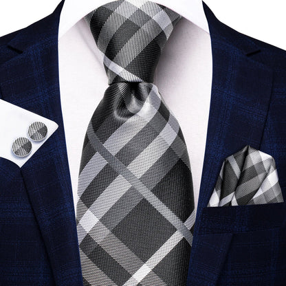 Hi-Tie Designer Silk Wedding Tie For Men Blue White Plaid Handky Cufflink Set Fashion Necktie For Men Business Party Wholesale