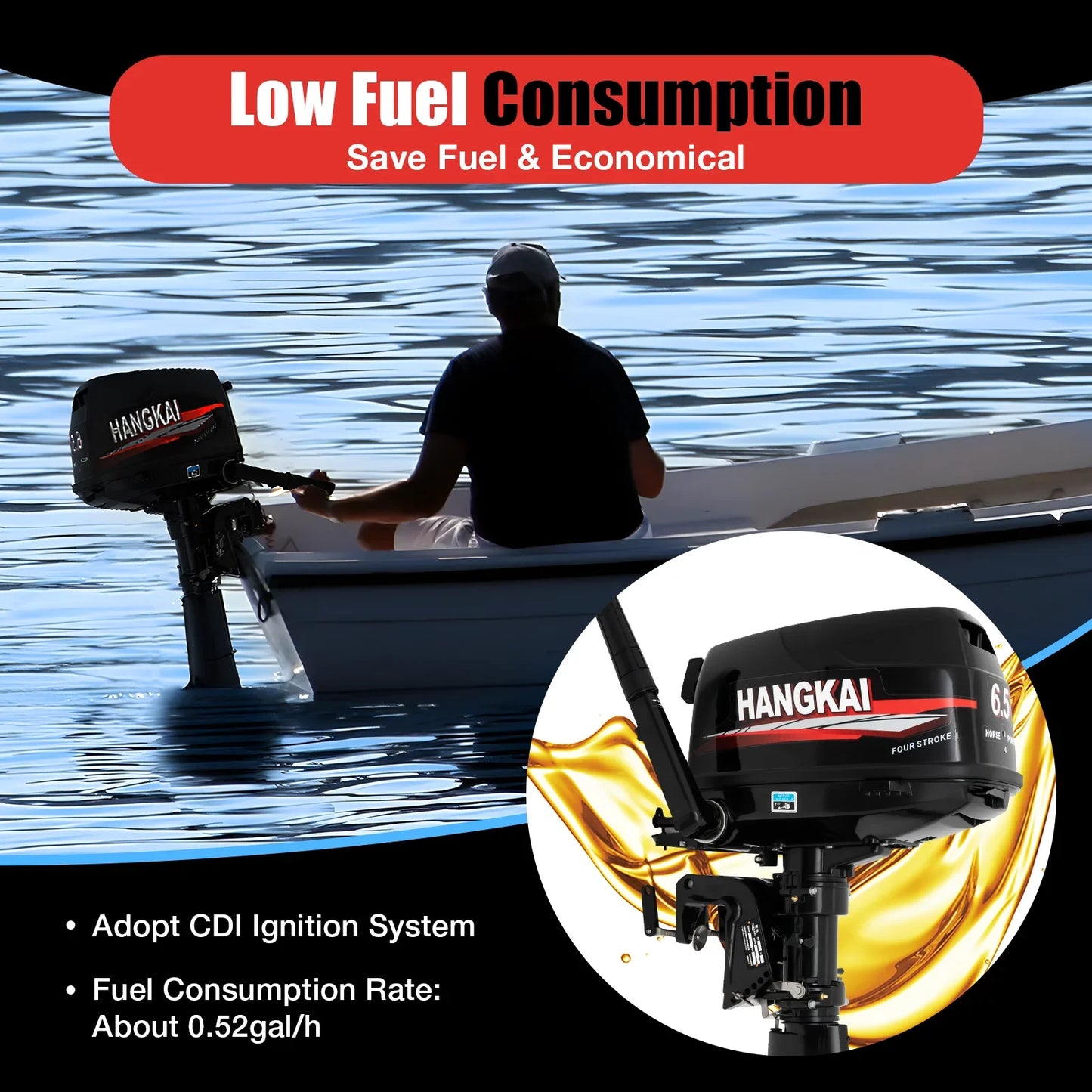4-Stroke 6.5HP Outboard Motor 123CC, Gasoline Engine with with CDI Ignition & Water-cooling System for Inflatable Fishing Boat