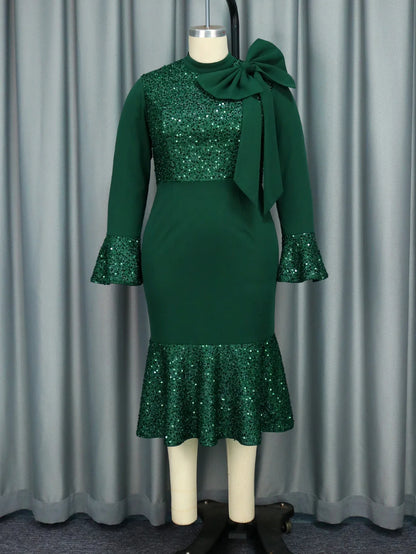 Elegant Green Shiny Sequined Dresses with Bow Long Flare Sleeves Mermaid Christmas African Brithday Party Occasion Event Robes